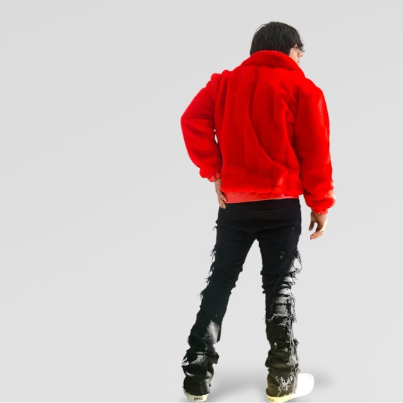 Men’s Fashion Faux Fur Red Fuzzy Jacket NWT - Picture 5 of 9